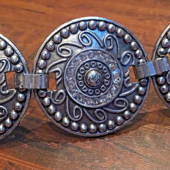 VINTAGE Stone Disc Filigree Black Leather Belt - Picture 3 of 11